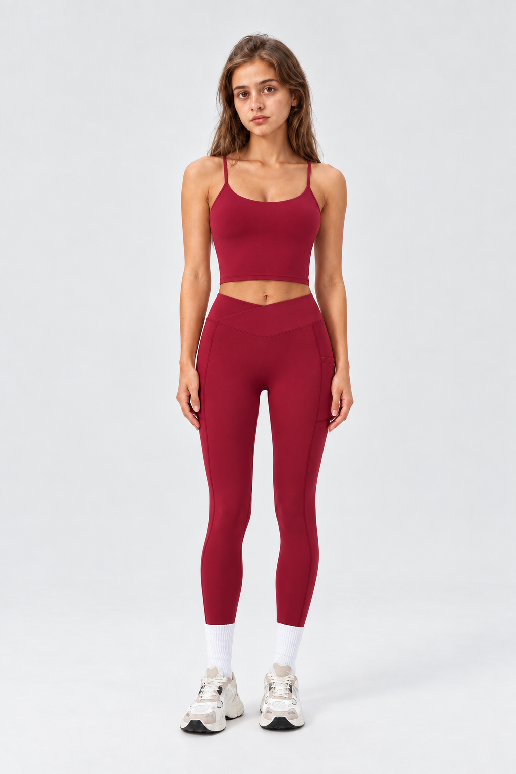 WEARHUB Nylon-Spandex High-Waist Crossover Active Leggings — Burgundy, front view
