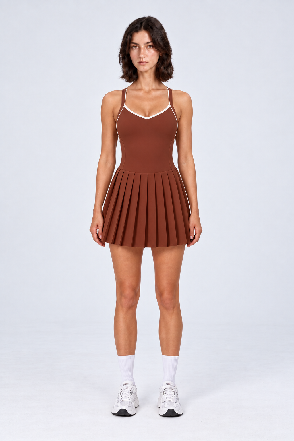 WEARHUB Nylon-Spandex Color-Block Padded Pleated Active Dress — Brown, front view