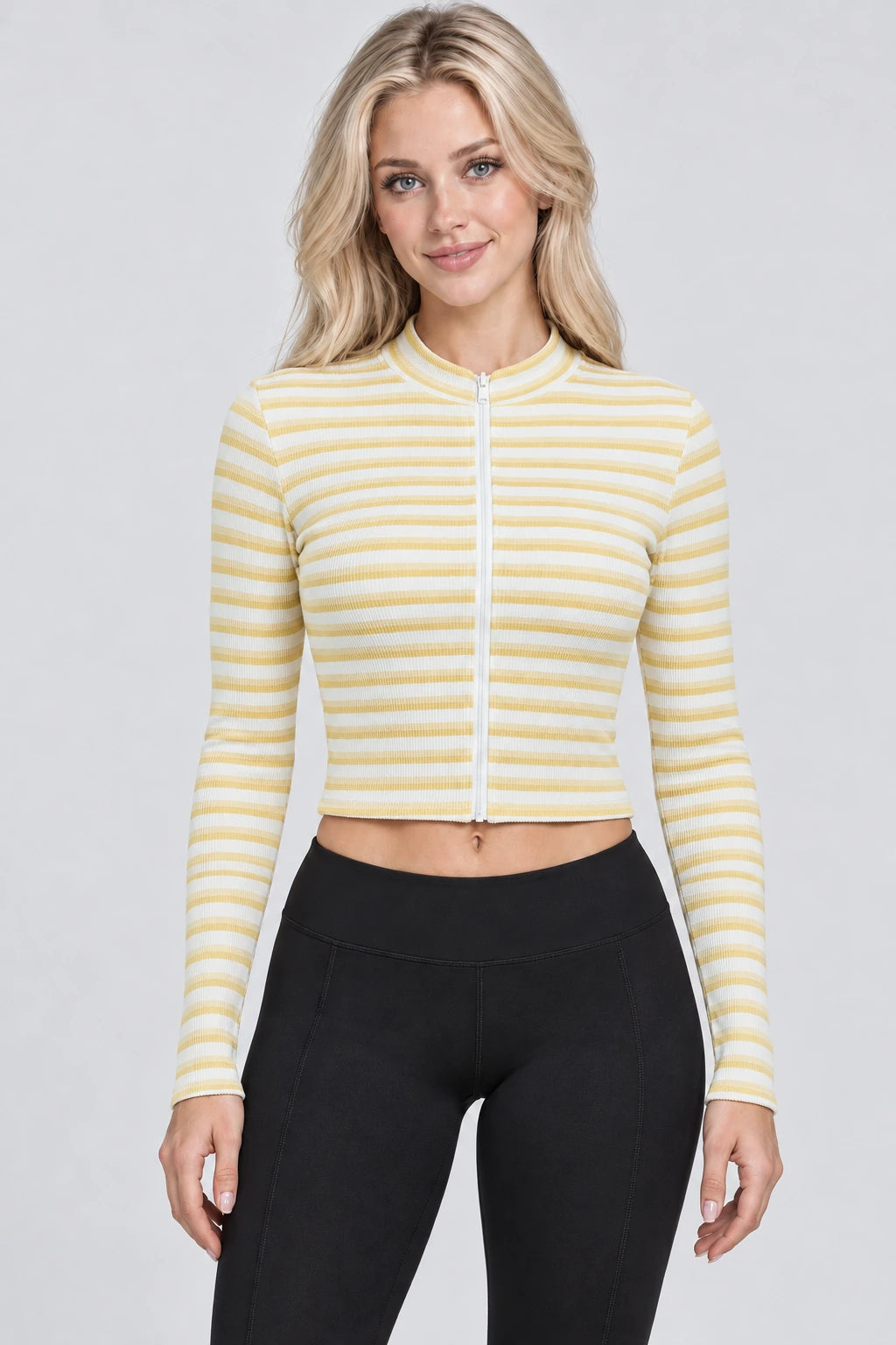 WEARHUB Polyester-Spandex Double-Sided Fleece Active Jacket — WHZ011 — Mustard and White, color front view