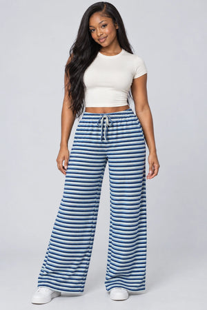 WEARHUB Polyester-Spandex Double-Sided Fleece Wide-Leg Yoga Pants — WHZ013 — Royal Blue and White, front view