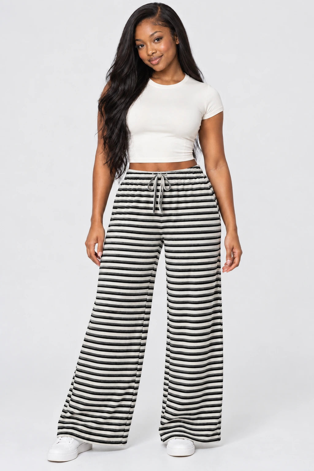 WEARHUB Polyester-Spandex Double-Sided Fleece Wide-Leg Yoga Pants — WHZ013 — Ink and White, color front view