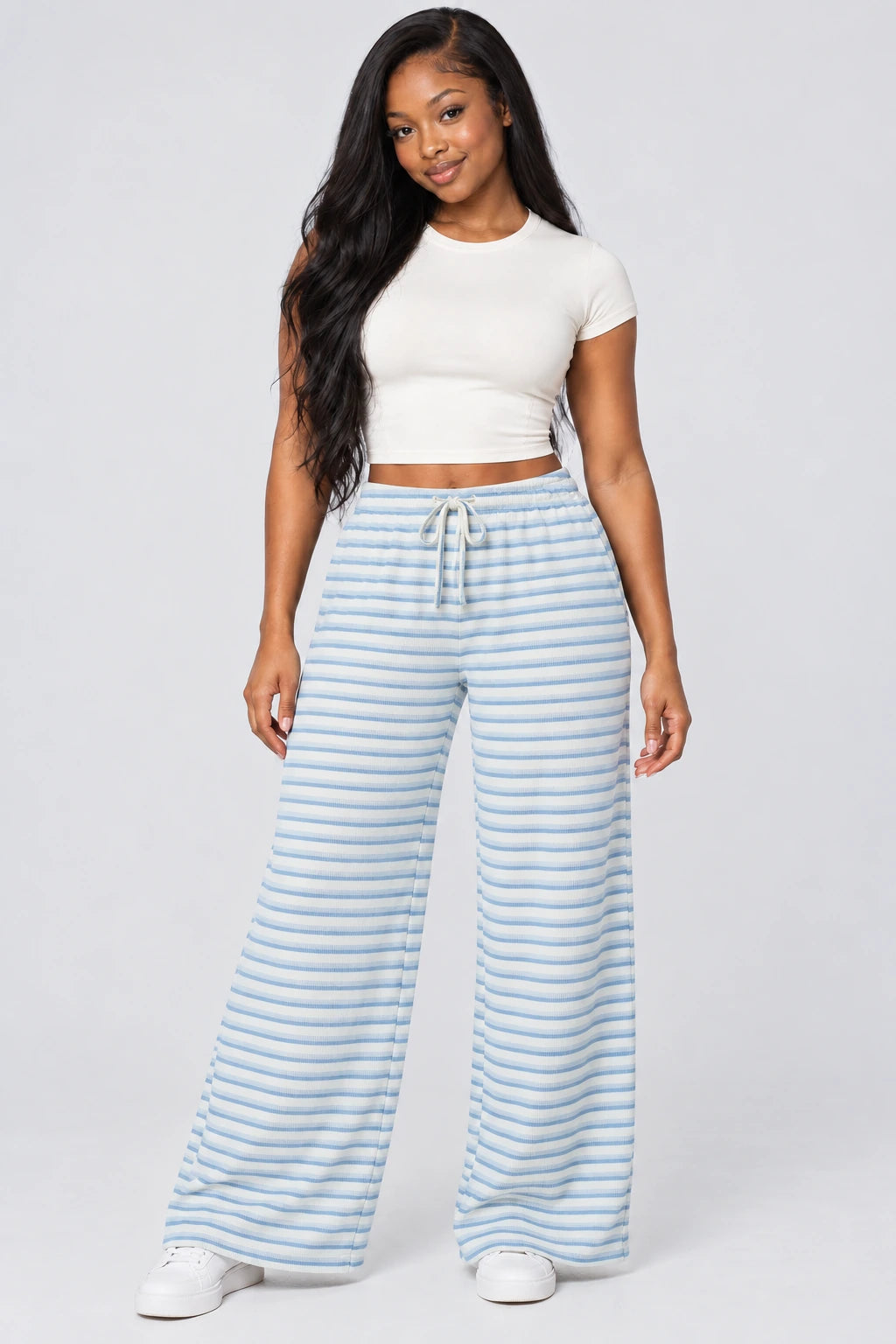 WEARHUB Polyester-Spandex Double-Sided Fleece Wide-Leg Yoga Pants — WHZ013 — Light Blue and White, color front view