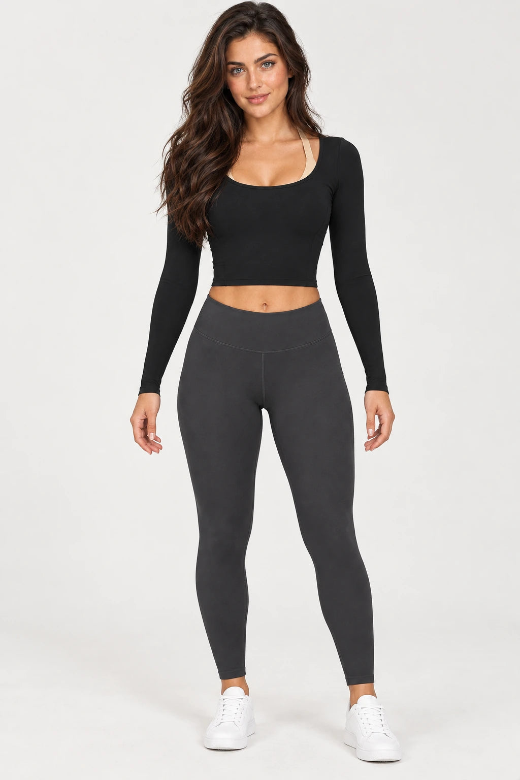 WEARHUB Nylon-Spandex Brushed Long-Sleeve Active Top — WHZ015 — Meteor Black with Yellow Contrast, front view