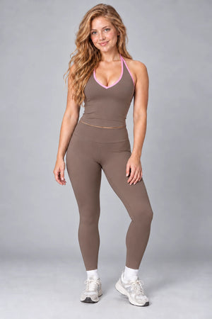 WEARHUB Nylon-Spandex Brushed Active Tank — WHZ018 — Sandalwood Brown with Pink Contrast, color front view
