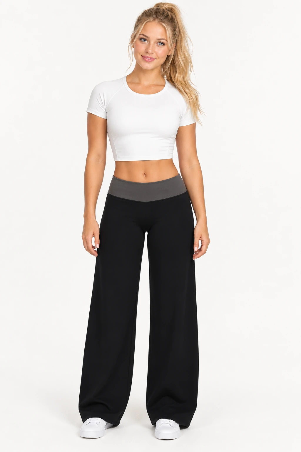 WEARHUB Nylon-Spandex Brushed Wide-Leg Yoga Pants — WHZ019 — Meteor Black with Grey Contrast, front view