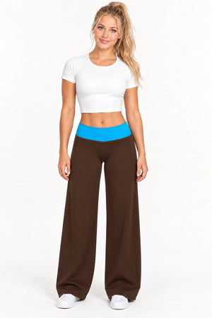 WEARHUB Nylon-Spandex Brushed Wide-Leg Yoga Pants — WHZ019 — Sandalwood Brown with Blue Contrast, color front view