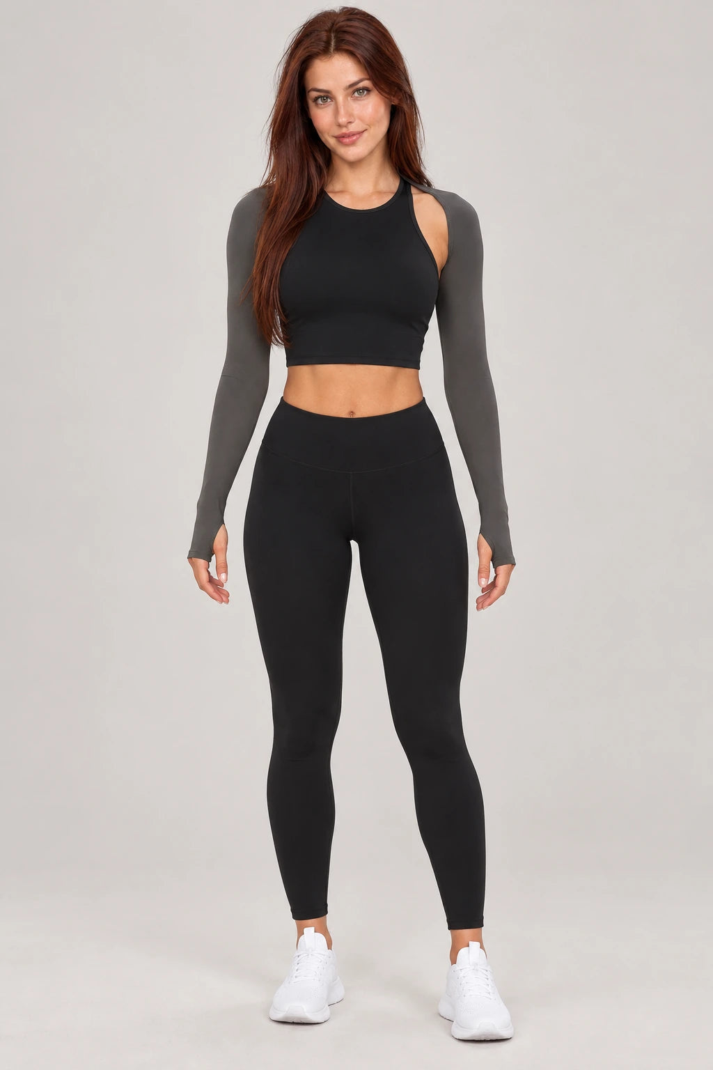 WEARHUB Nylon-Spandex Brushed Long-Sleeve Shrug — WHZ020 — Meteor Black with Grey Contrast, front view