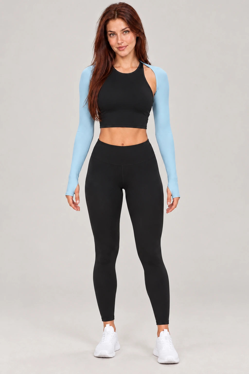 WEARHUB Nylon-Spandex Brushed Long-Sleeve Shrug — WHZ020 — Heather Blue with Light Blue Contrast, color front view