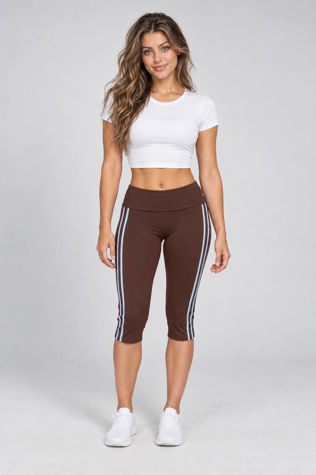 WEARHUB Nylon-Spandex Barely-There Mid-Length Active Shorts — WHZ022 — Coffee with Blue Contrast, front view