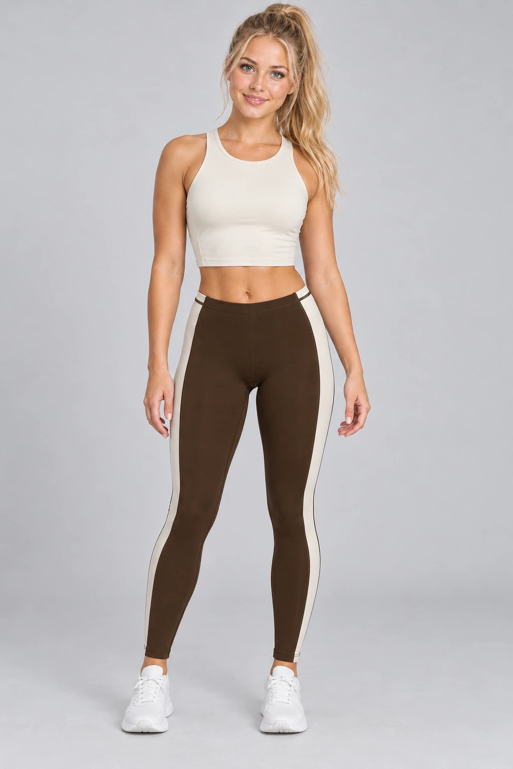 WEARHUB Nylon-Spandex Color-Block Barely-There Yoga Leggings — WHZ030 — Black Coffee, color front view