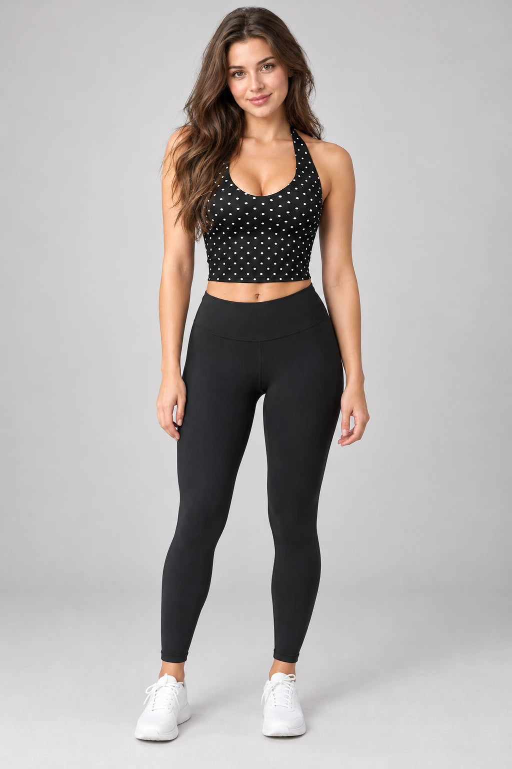 WEARHUB Polyester-Spandex Printed Active Tank — WHZ031 — Black with White Polka Dots, front view