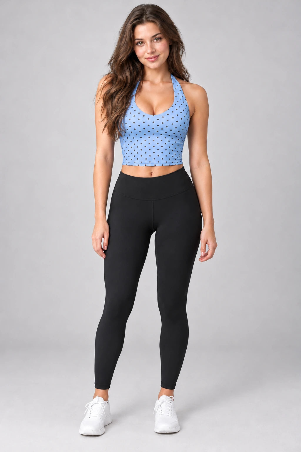 WEARHUB Polyester-Spandex Printed Active Tank — WHZ031 — Blue with Brown Polka Dots, color front view