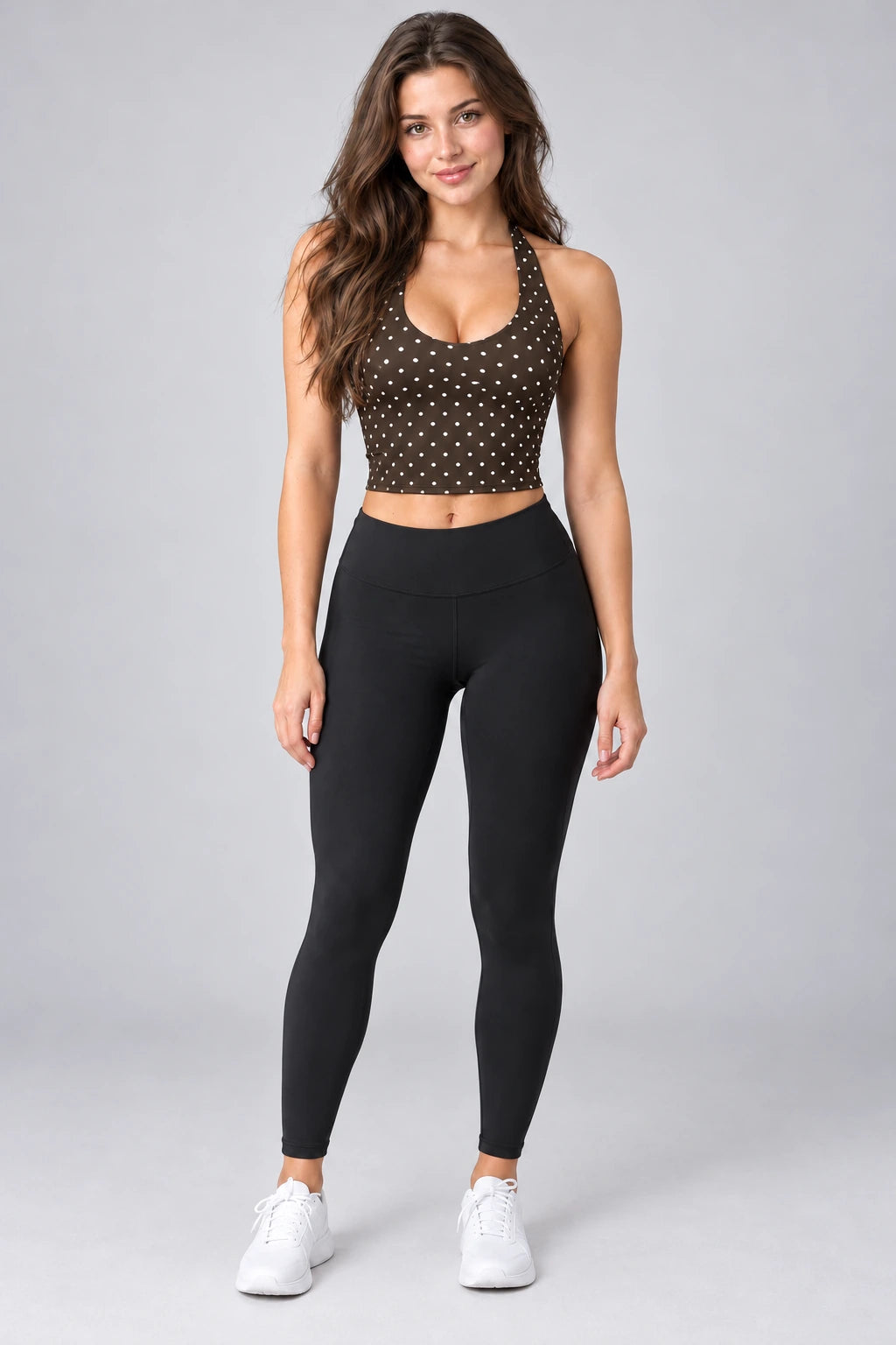 WEARHUB Polyester-Spandex Printed Active Tank — WHZ031 — Brown with White Polka Dots, color front view