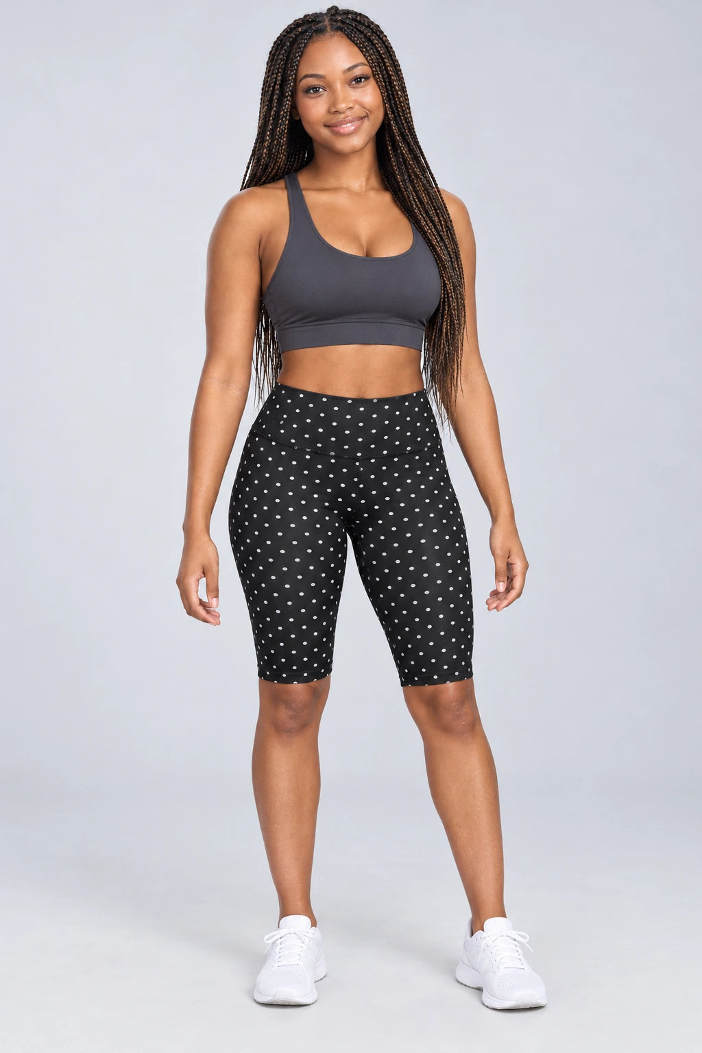 WEARHUB Polyester-Spandex Printed Mid-Length Active Shorts — WHZ032 — Black with White Polka Dots, front view