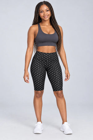 WEARHUB Polyester-Spandex Printed Mid-Length Active Shorts — WHZ032 — Black with White Polka Dots, front view