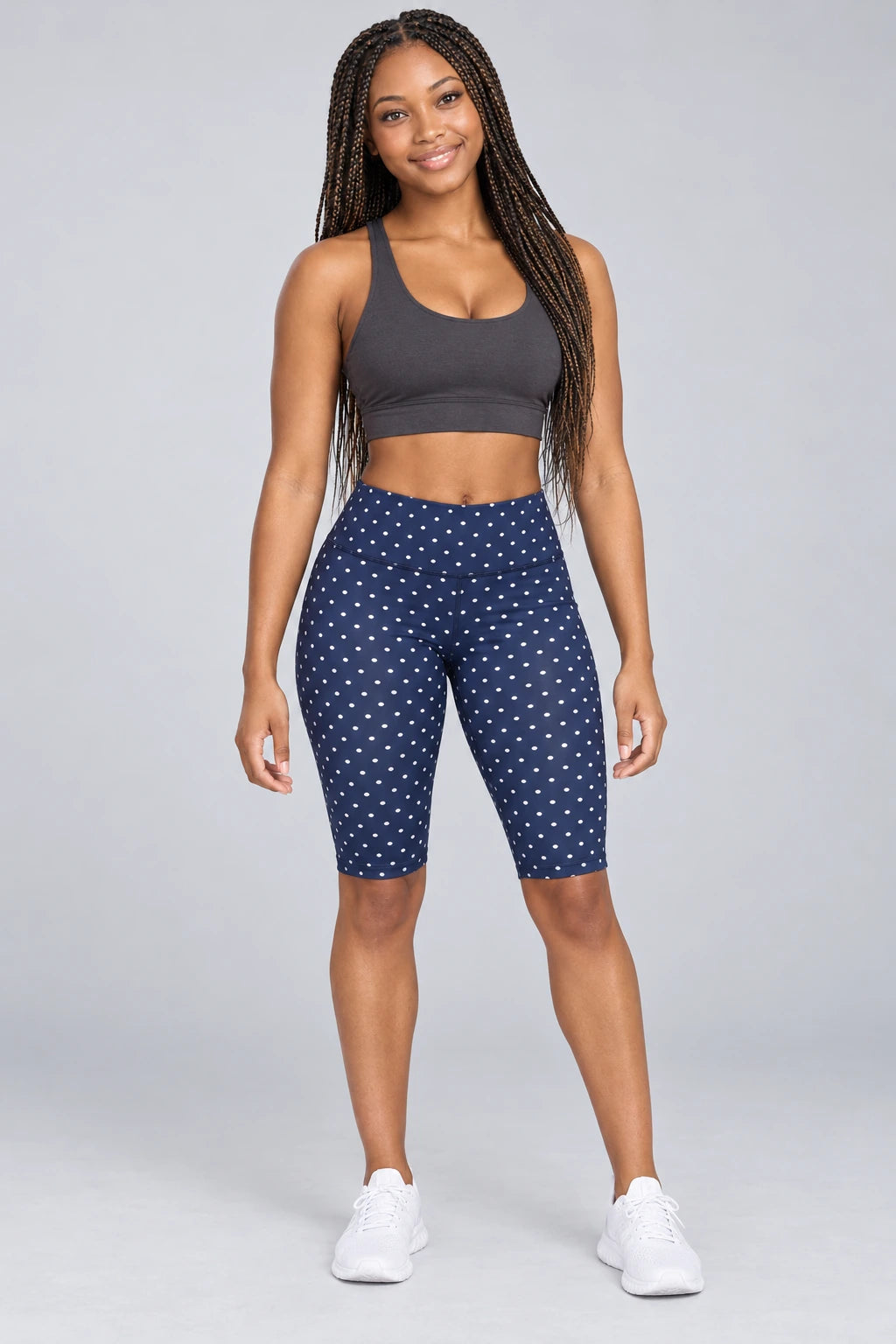 WEARHUB Polyester-Spandex Printed Mid-Length Active Shorts — WHZ032 — Dark Blue with White Polka Dots, color front view