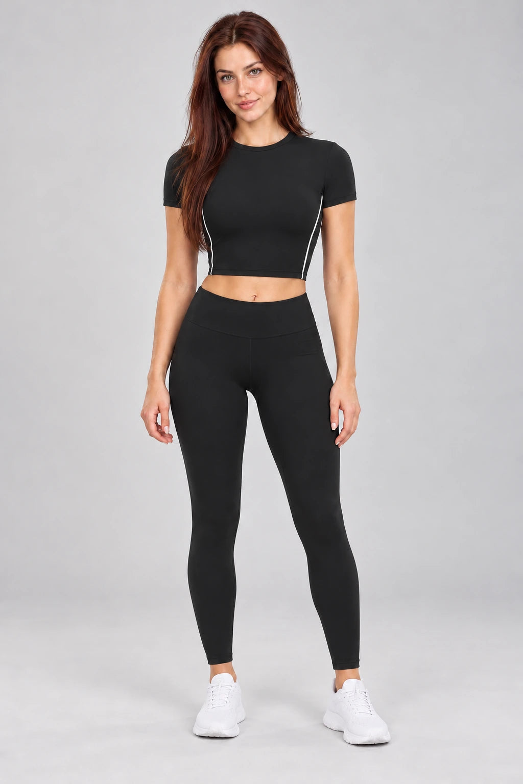 WEARHUB Nylon-Spandex Brushed Short-Sleeve Active Top — WHZ040 — Black with White Contrast, color front view