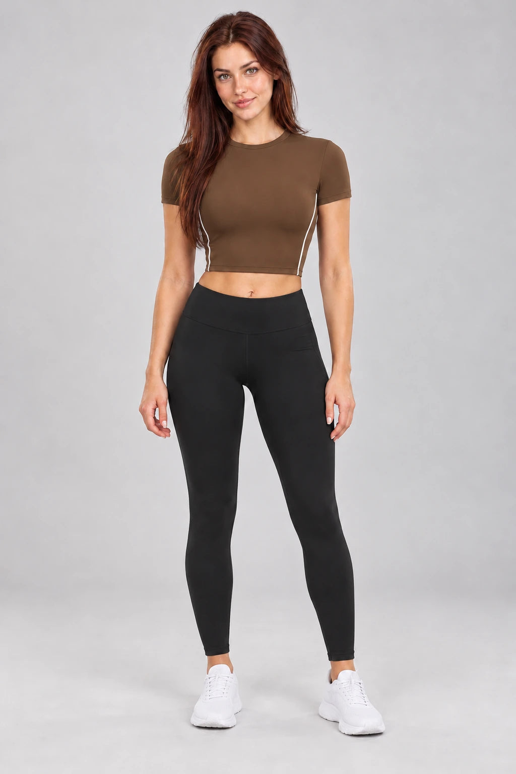 WEARHUB Nylon-Spandex Brushed Short-Sleeve Active Top — WHZ040 — Chestnut Tea Brown, color front view