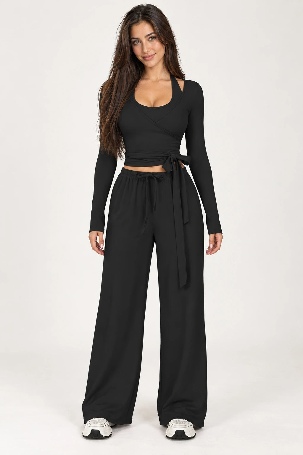 WEARHUB Polyester-Spandex Brushed Three-Piece Active Set — WHZ046 — Classic Black, front view