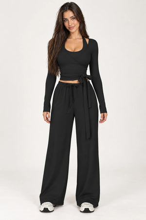 WEARHUB Polyester-Spandex Brushed Three-Piece Active Set — WHZ046 — Classic Black, front view