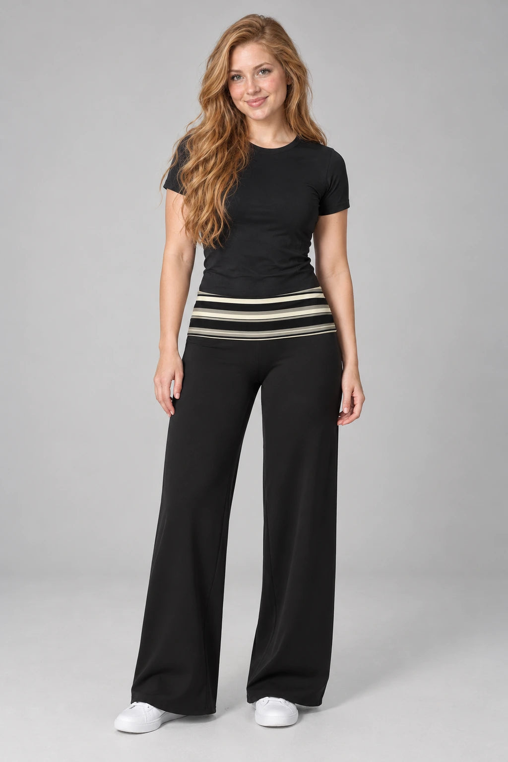 WEARHUB Polyester-Spandex Printed Wide-Leg Yoga Pants — WHZ051 — Black Stripes, front view