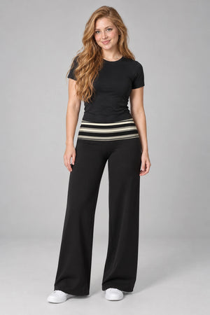 WEARHUB Polyester-Spandex Printed Wide-Leg Yoga Pants — WHZ051 — Black Stripes, front view
