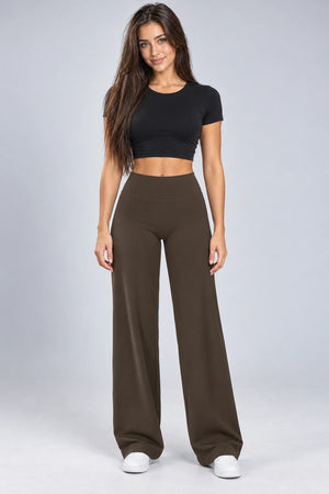 WEARHUB Nylon-Spandex Brushed Wide-Leg Yoga Pants — WHZ054 — Black Coffee, front view
