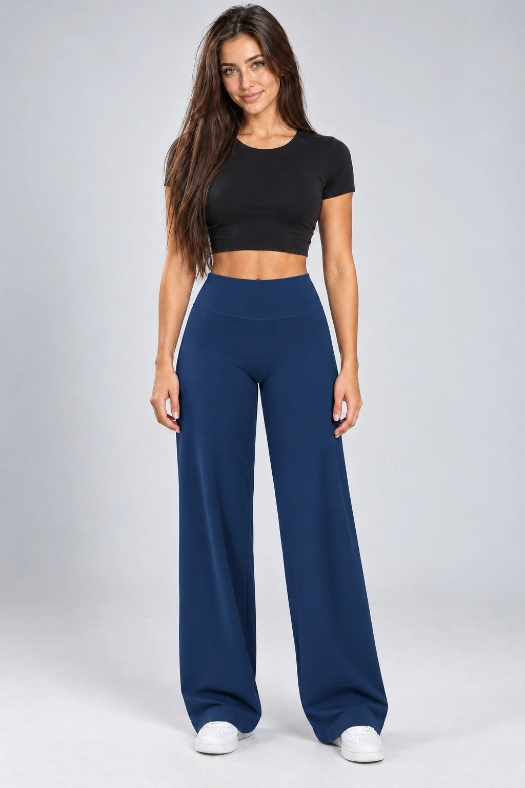 WEARHUB Nylon-Spandex Brushed Wide-Leg Yoga Pants — WHZ054 — Emblem Blue, color front view