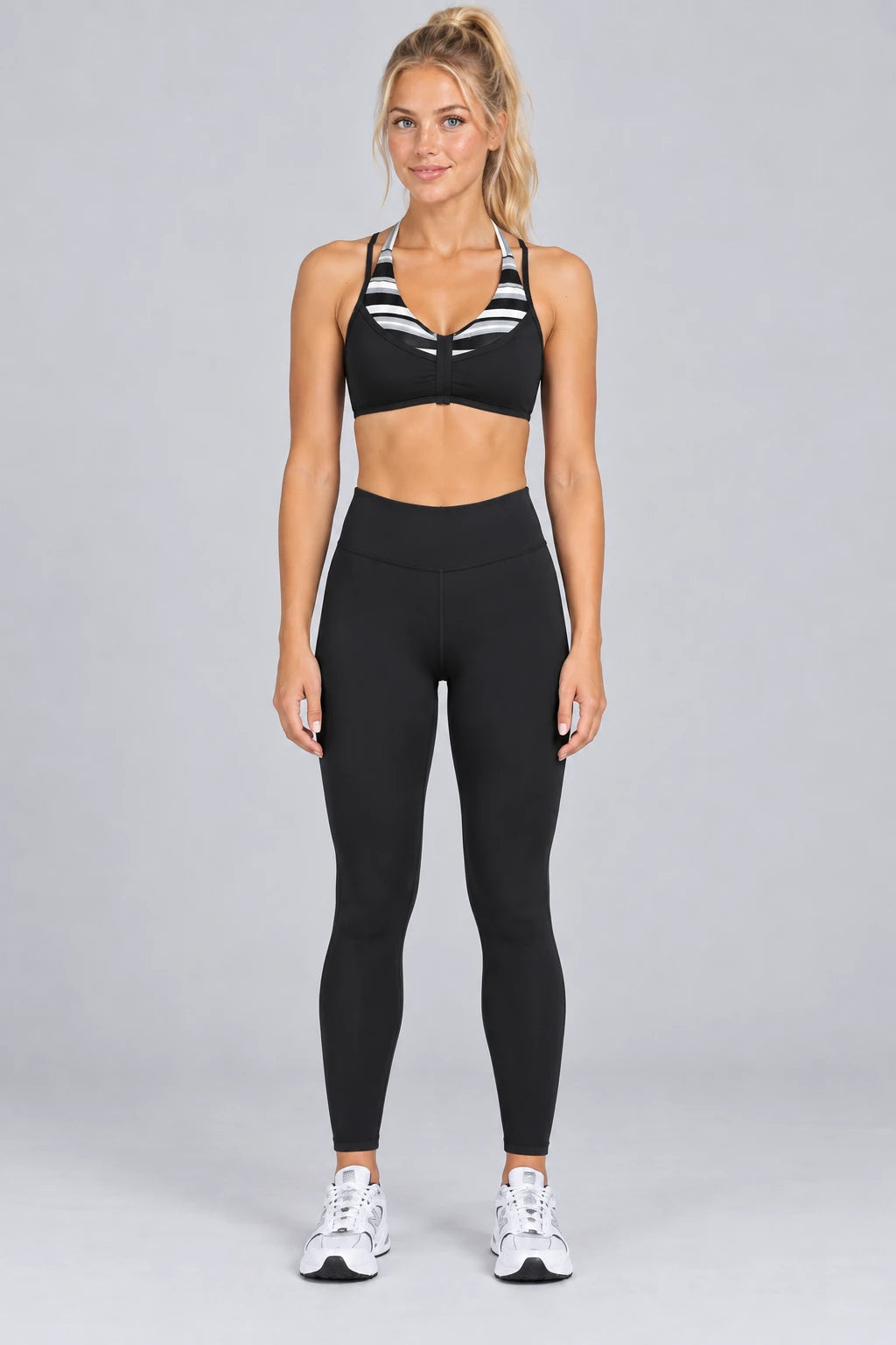 WEARHUB Polyester-Spandex Printed Sports Bra — WHZ057 — Black Stripes, front view