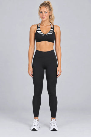 WEARHUB Polyester-Spandex Printed Sports Bra — WHZ057 — Black Stripes, front view