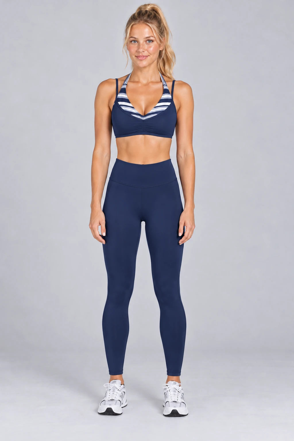WEARHUB Polyester-Spandex Printed Sports Bra — WHZ057 — Dark Blue Stripes, color front view