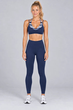 WEARHUB Polyester-Spandex Printed Sports Bra — WHZ057 — Dark Blue Stripes, color front view