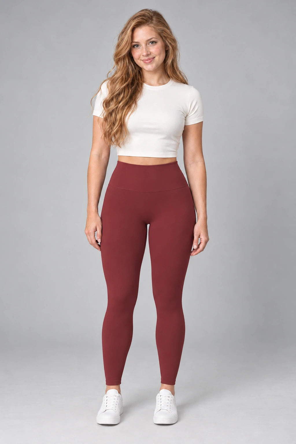 WEARHUB Nylon-Spandex Barely-There Yoga Leggings — WHZ062 — Red Bean, color front view
