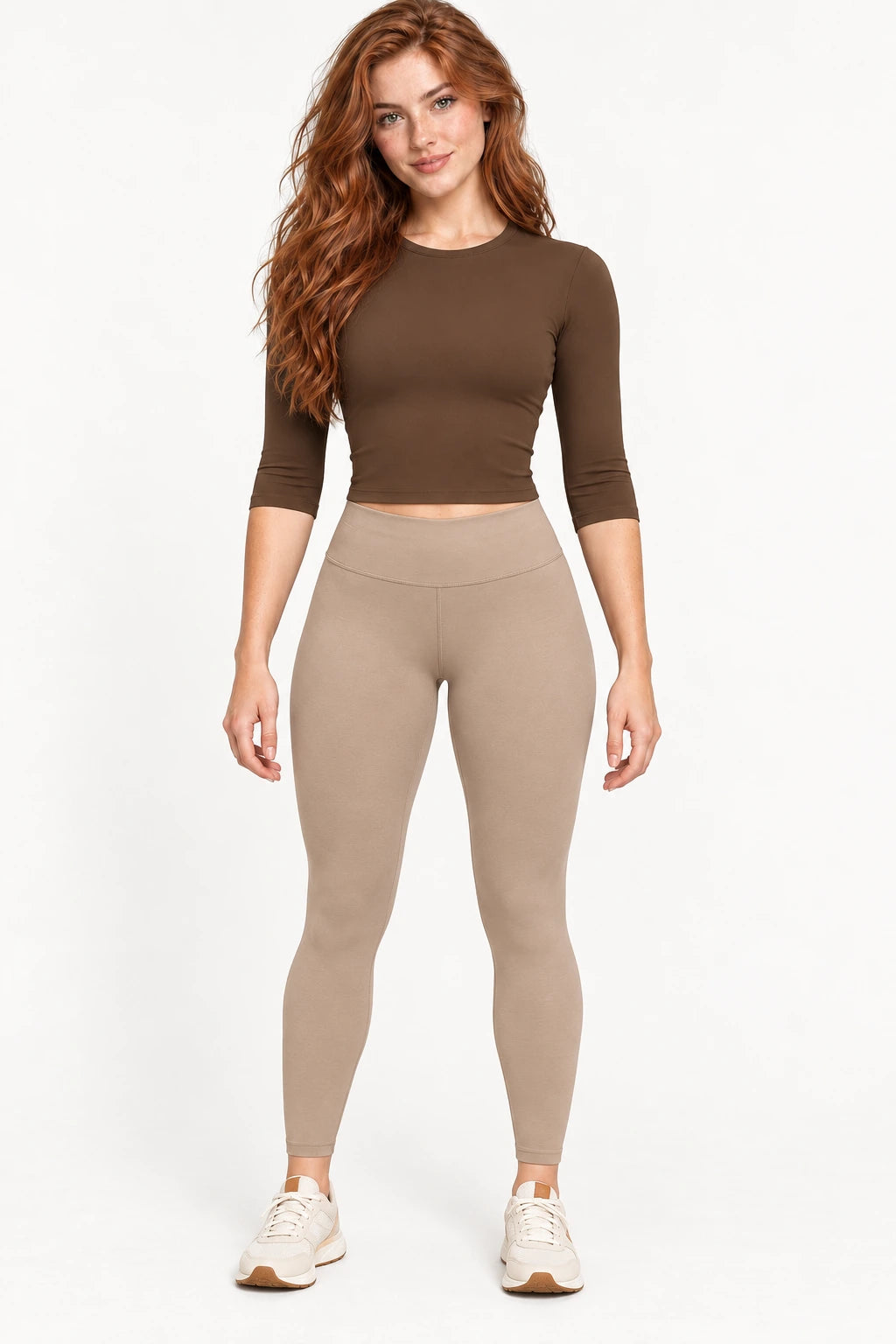 WEARHUB Nylon-Spandex Brushed Mid-Sleeve Active Top — WHZ068 — Chocolate Brown, color front view