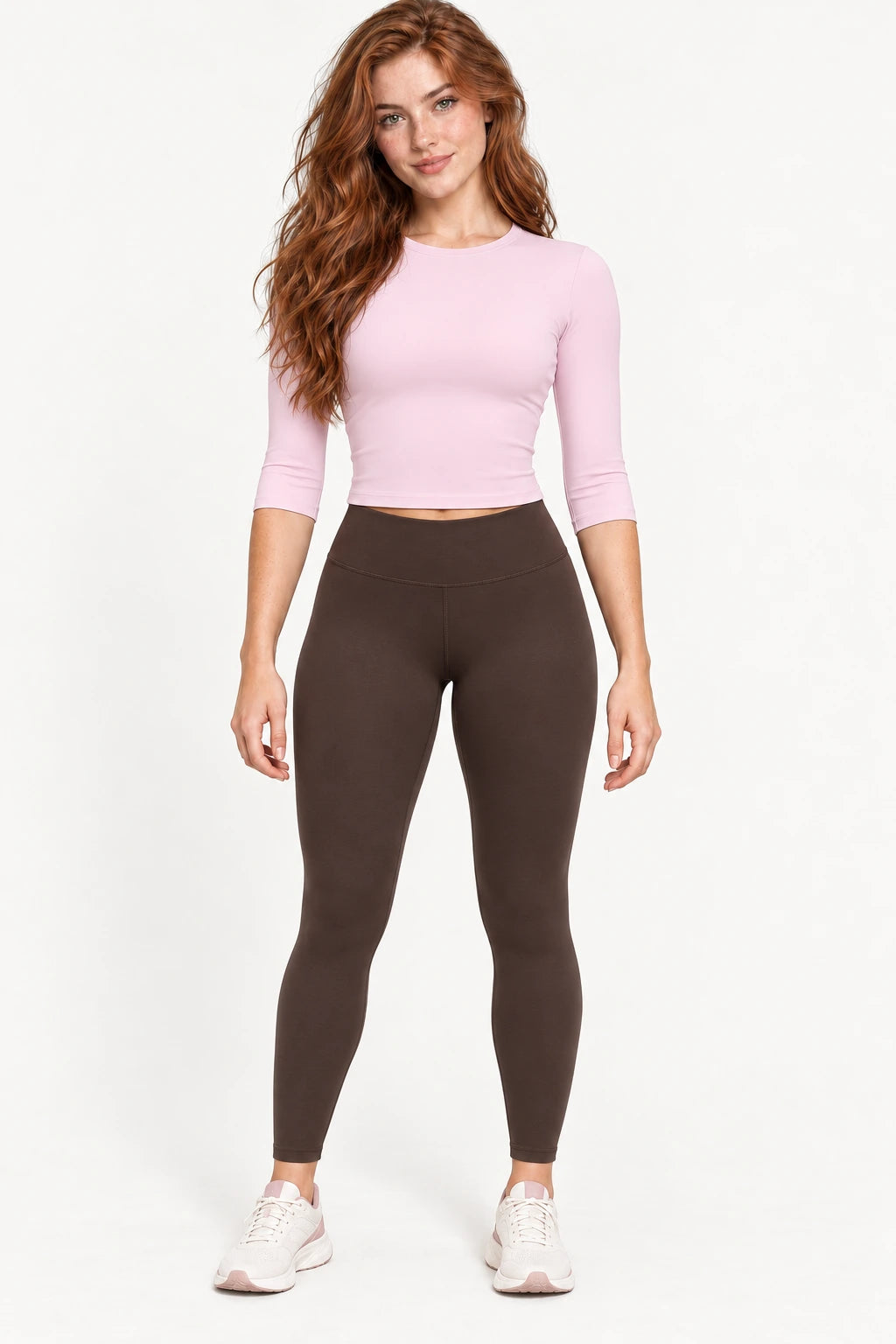 WEARHUB Nylon-Spandex Brushed Mid-Sleeve Active Top — WHZ068 — Fallen Blossom Pink, color front view