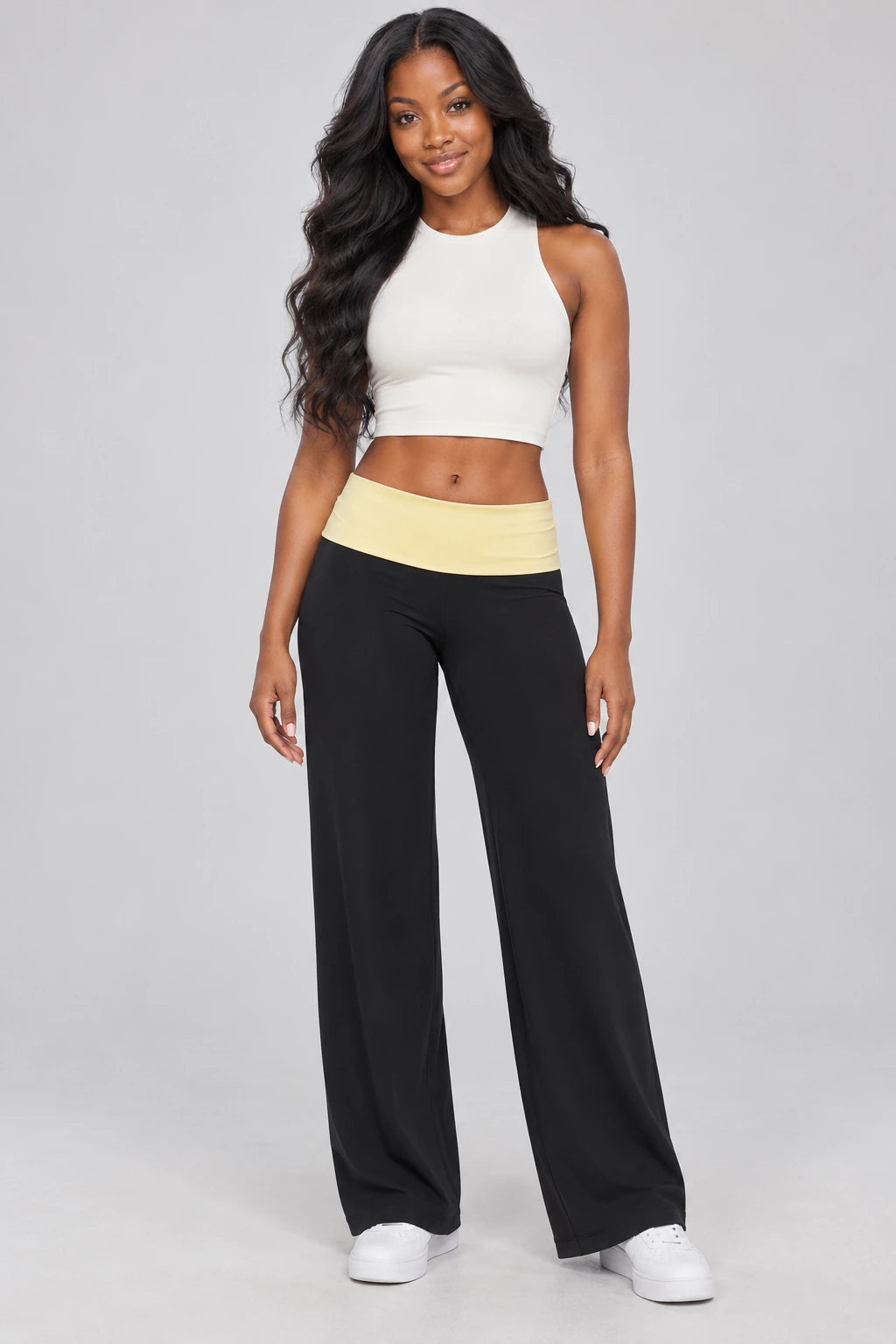 WEARHUB Nylon-Spandex Brushed Wide-Leg Yoga Pants — WHZ069 — Meteor Black with Yellow Contrast, front view