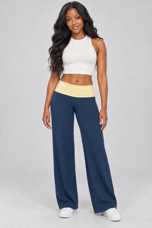 WEARHUB Nylon-Spandex Brushed Wide-Leg Yoga Pants — WHZ069 — Heather Blue with Yellow Contrast, color front view