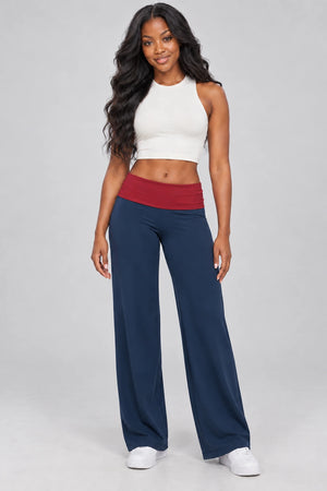 WEARHUB Nylon-Spandex Brushed Wide-Leg Yoga Pants — WHZ069 — Heather Blue with Red Contrast, color front view