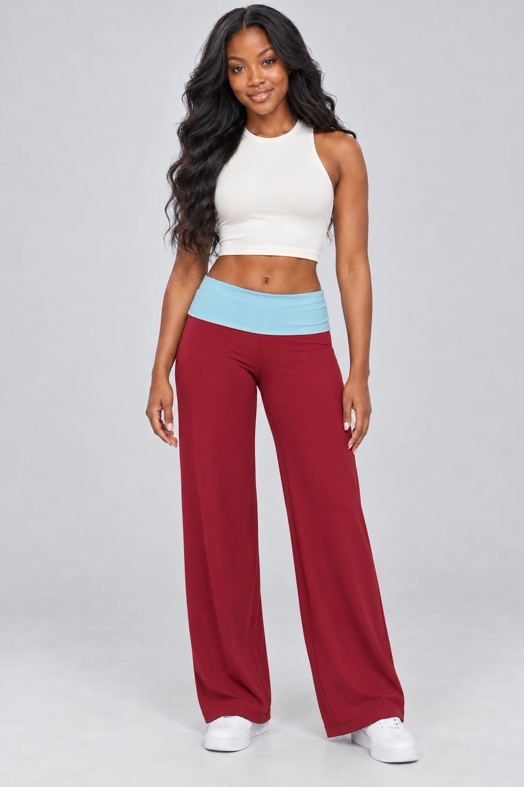 WEARHUB Nylon-Spandex Brushed Wide-Leg Yoga Pants — WHZ069 — Pomegranate Red with Blue Contrast, color front view