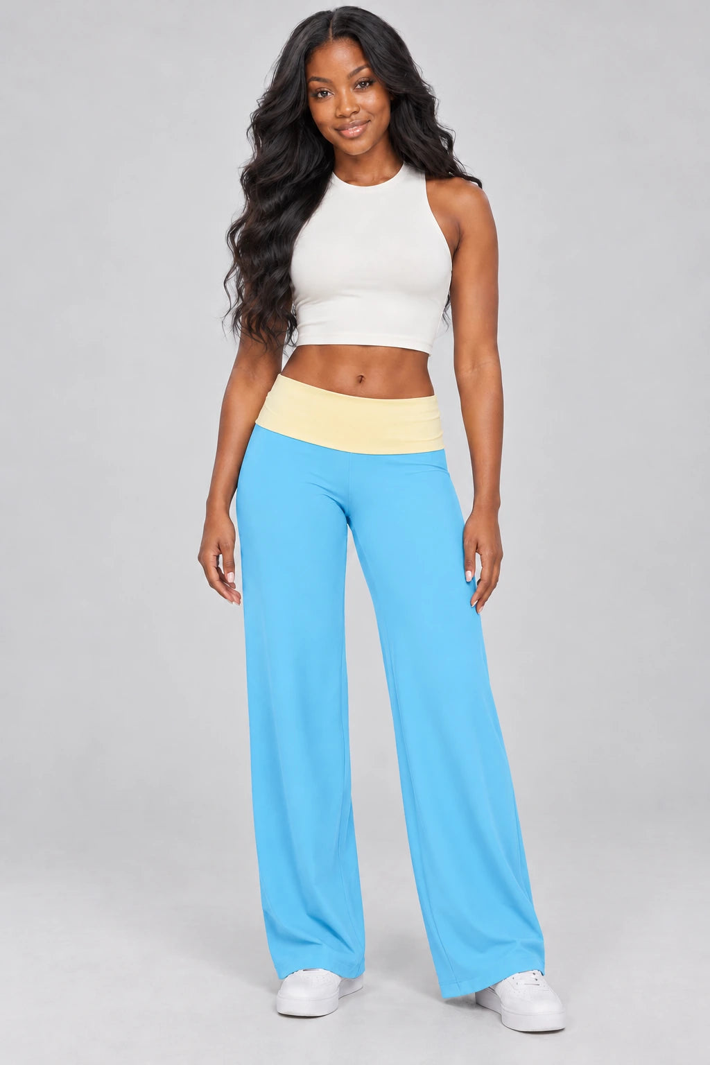 WEARHUB Nylon-Spandex Brushed Wide-Leg Yoga Pants — WHZ069 — Skyfall Blue with Yellow Contrast, color front view