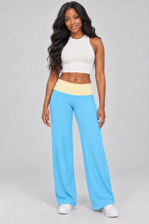 WEARHUB Nylon-Spandex Brushed Wide-Leg Yoga Pants — WHZ069 — Skyfall Blue with Yellow Contrast, color front view