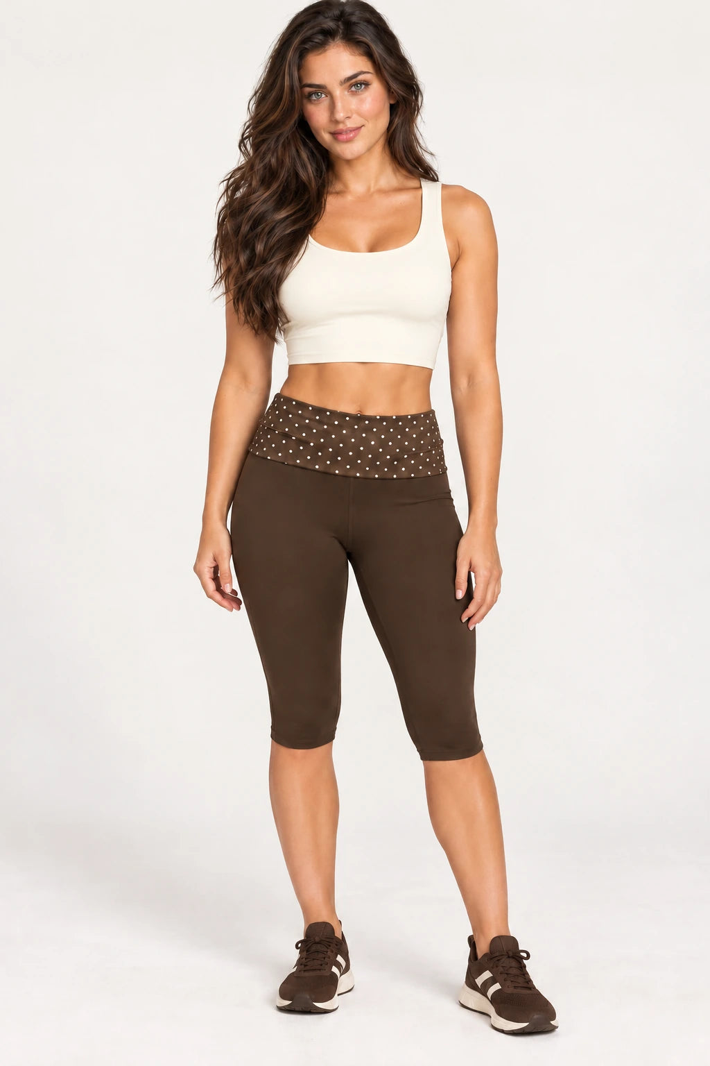 WEARHUB Polyester-Spandex Printed Mid-Length Active Shorts — WHZ076 — Brown with White Polka Dots, color front view