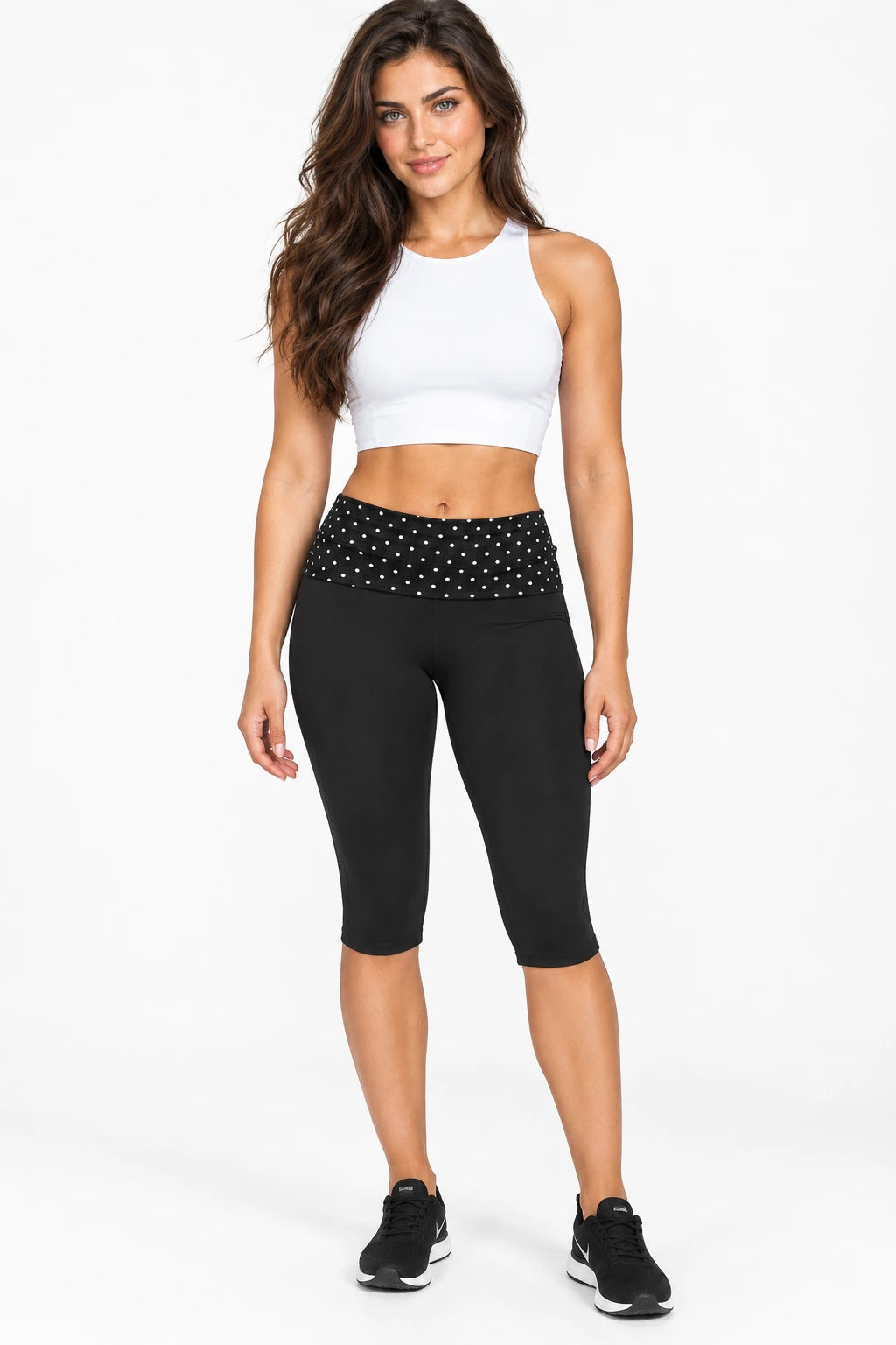WEARHUB Polyester-Spandex Printed Mid-Length Active Shorts — WHZ076 — Black with White Polka Dots, color front view