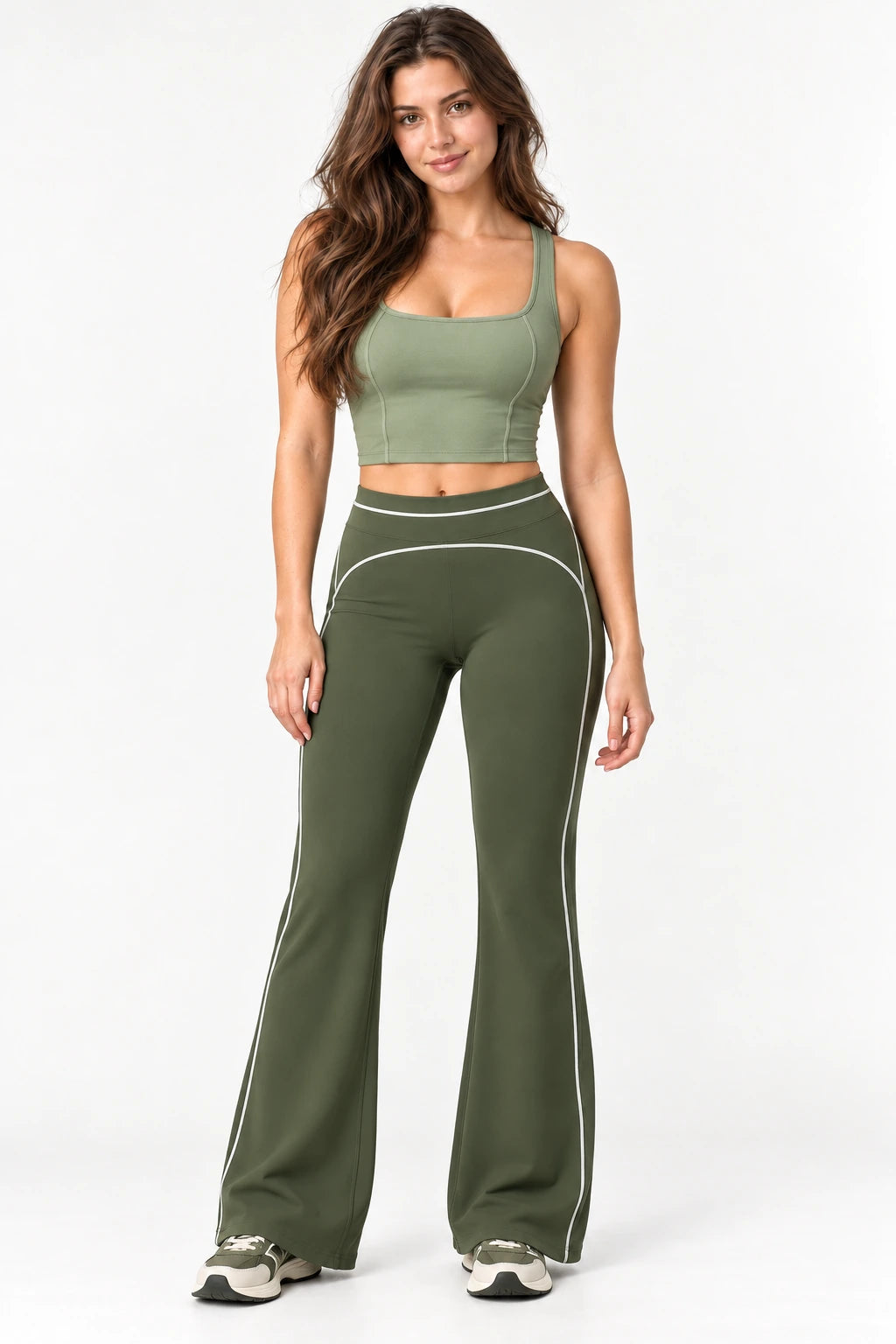 WEARHUB Nylon-Spandex Brushed Flared Yoga Pants — WHZ083 — Smoky Moss, color front view