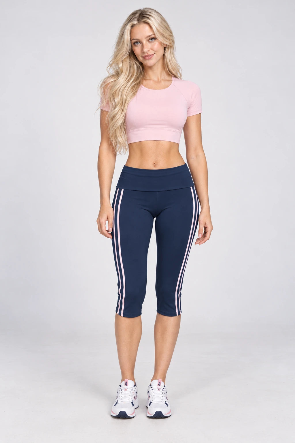 WEARHUB Nylon-Spandex Barely-There Mid-Length Active Shorts — WHZ084 — Dark Blue with Pink Contrast, color front view