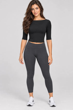 WEARHUB Nylon-Spandex Brushed Mid-Sleeve Active Top — WHZ097 — Classic Black, front view