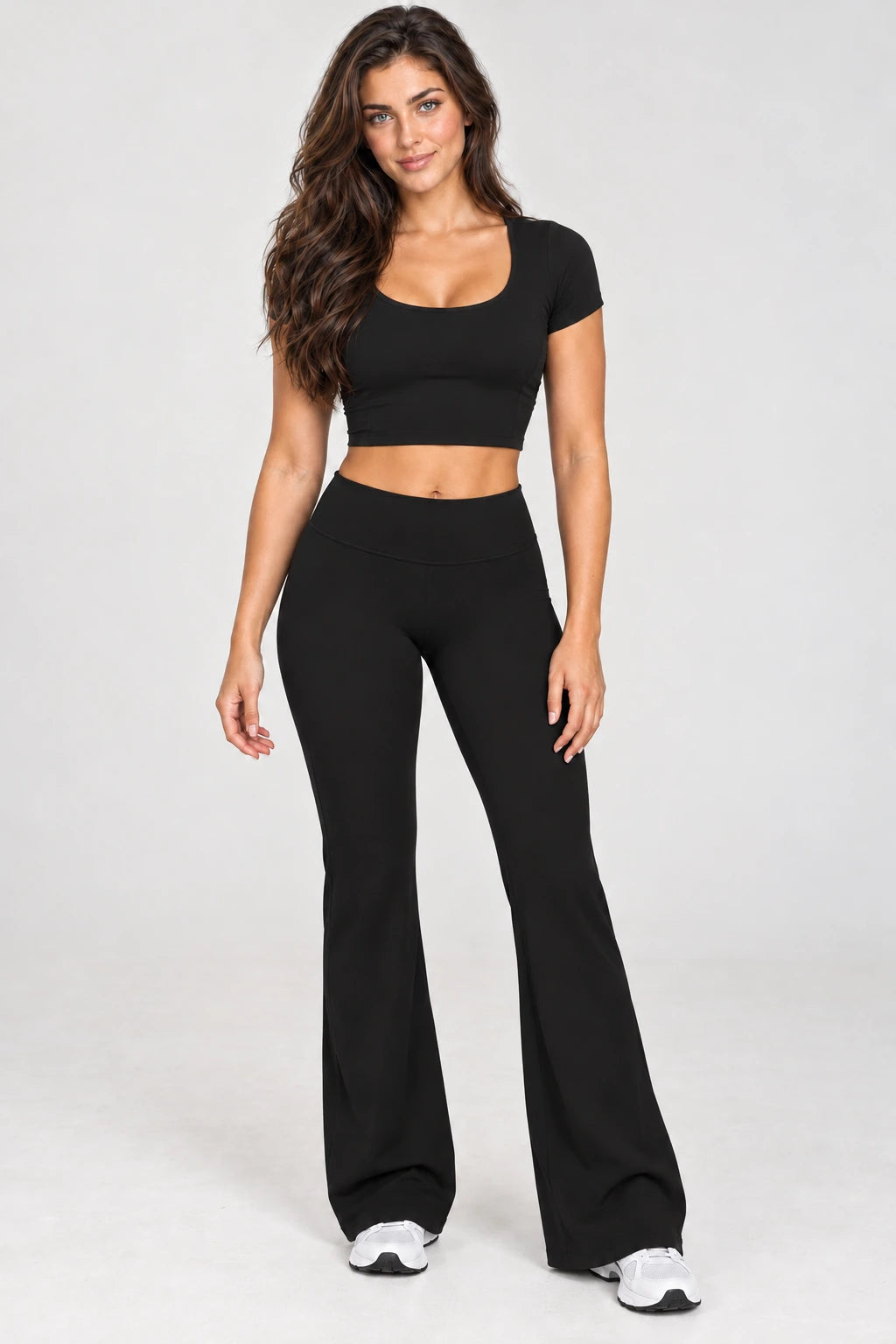 WEARHUB Nylon-Spandex Brushed Flared Yoga Pants — WHZ100 — Classic Black, front view