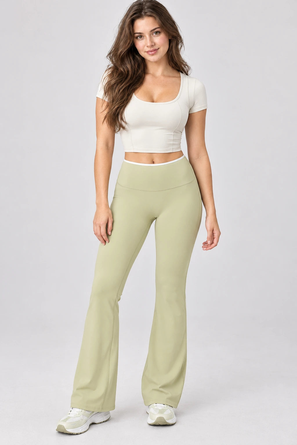 WEARHUB Nylon-Spandex Barely-There Flared Yoga Pants — WHZ111 — Summer Green, front view