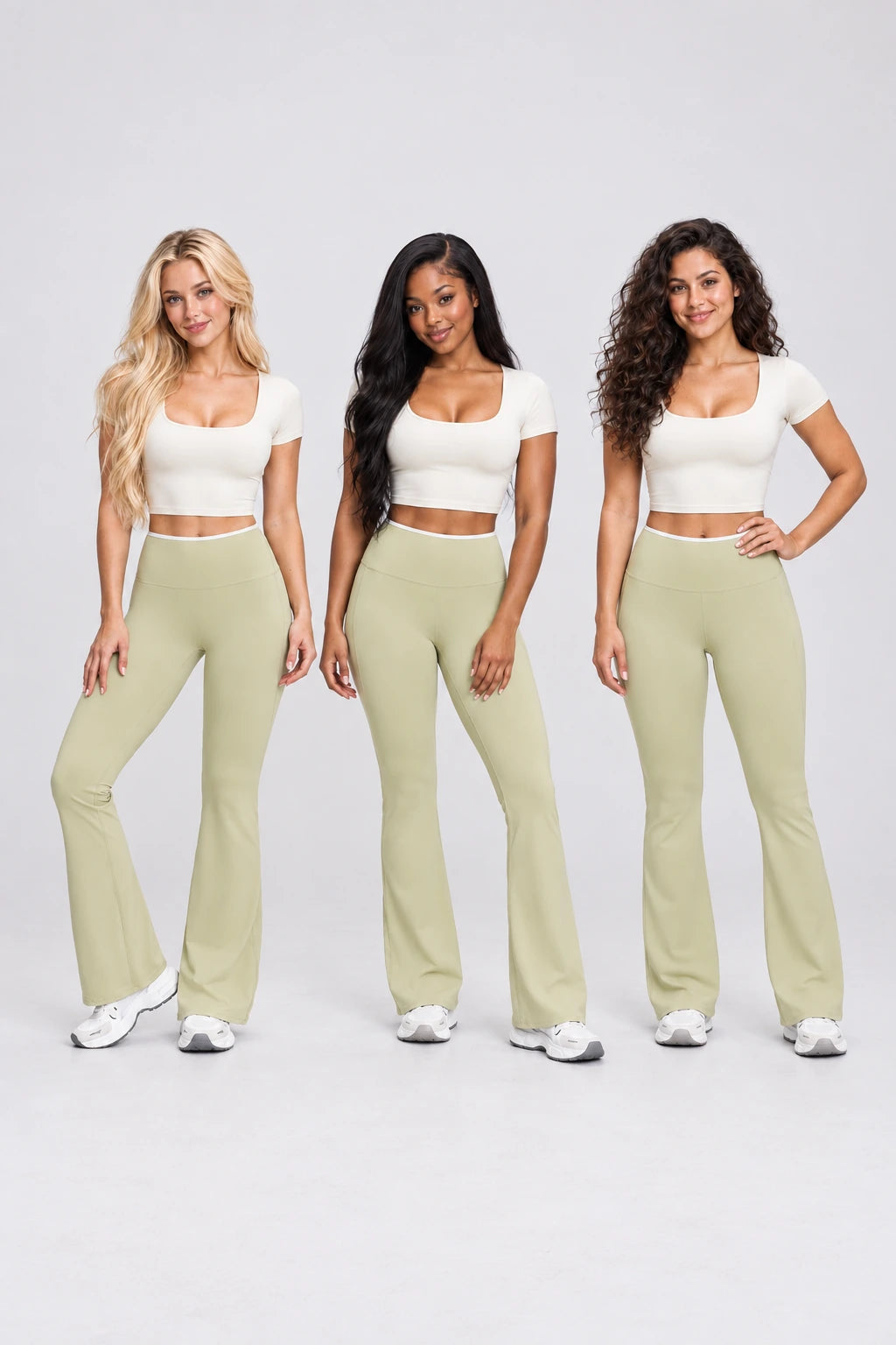 WEARHUB Nylon-Spandex Barely-There Flared Yoga Pants — WHZ111 — product, multiracial view