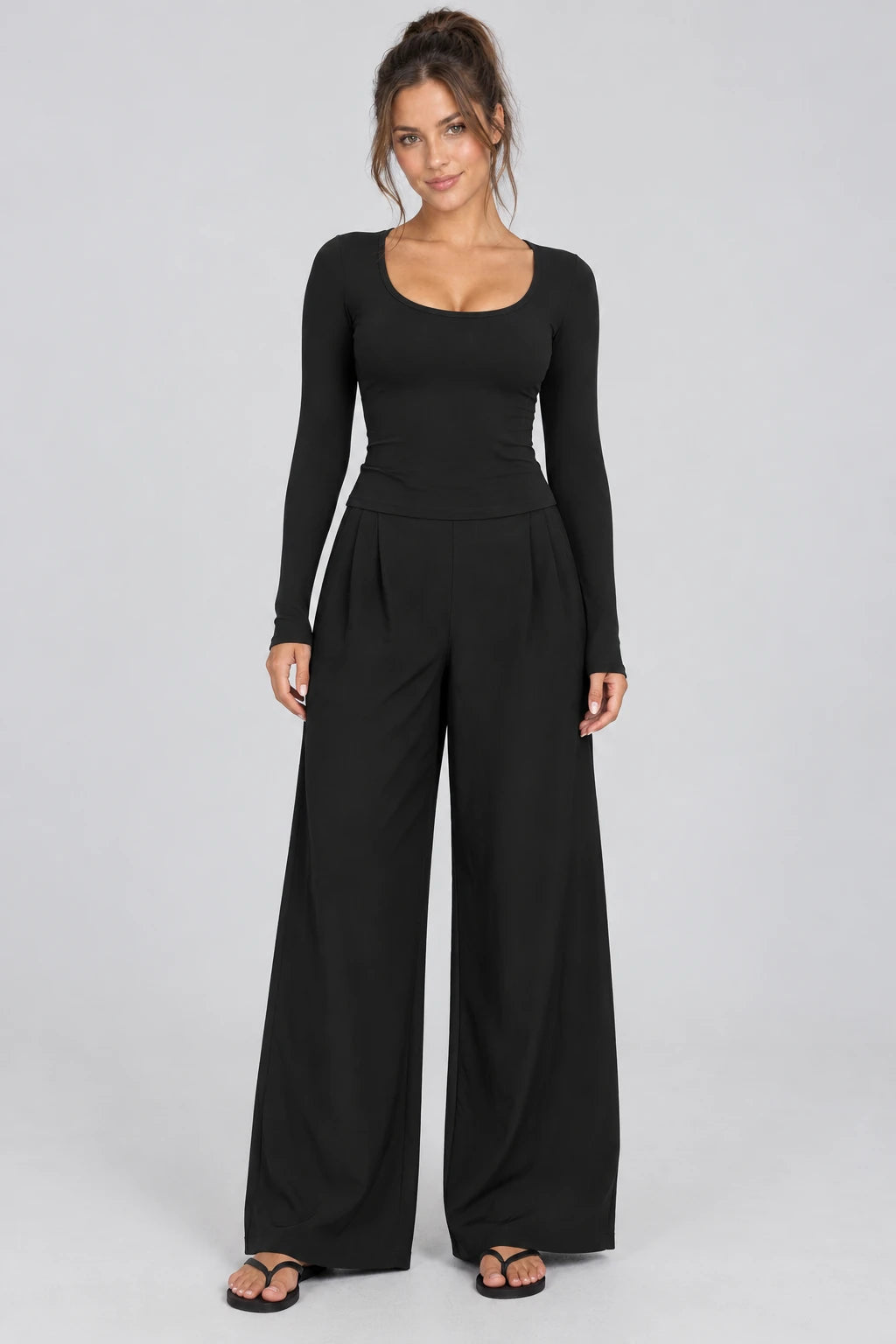 WEARHUB Nylon-Spandex Brushed Long-Sleeve Active Top — WHZ122 — Classic Black, front view